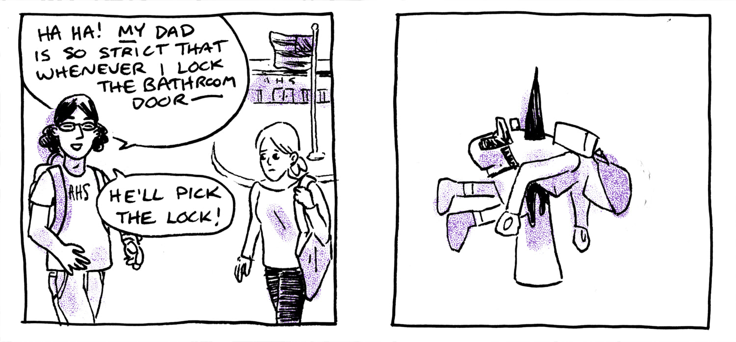 Two square panels with wobbly borders and black line drawings with a purple spray-paint style spot color. The first depicts a teenage Carta saying, “Ha ha! My dad is so strict that whenever I lock the bathroom door he’ll pick the lock!” as she walks beside another girl, who appears concerned. The second depicts Lara Croft’s game avatar, impaled on a spike.